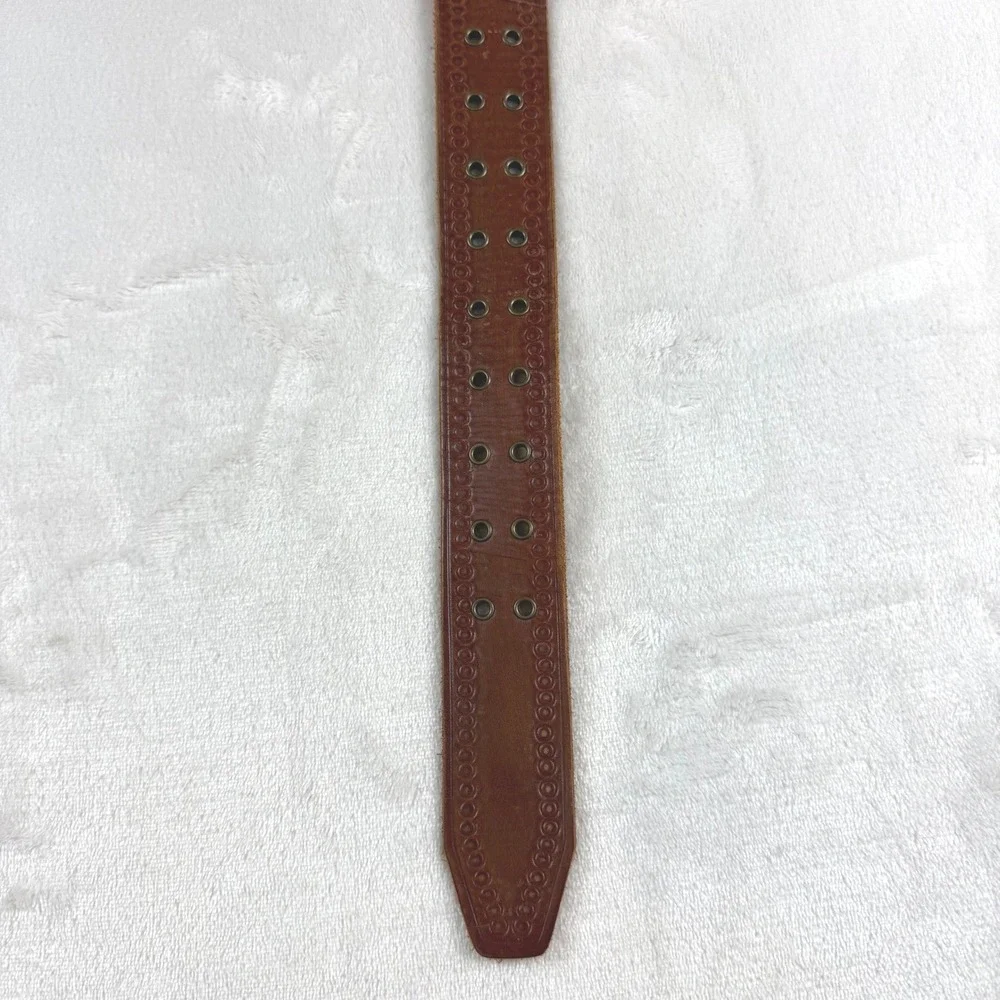 VTG Y2K American Eagle Belt Mens M Brown Leather Solid Brass Double Grommet Boho